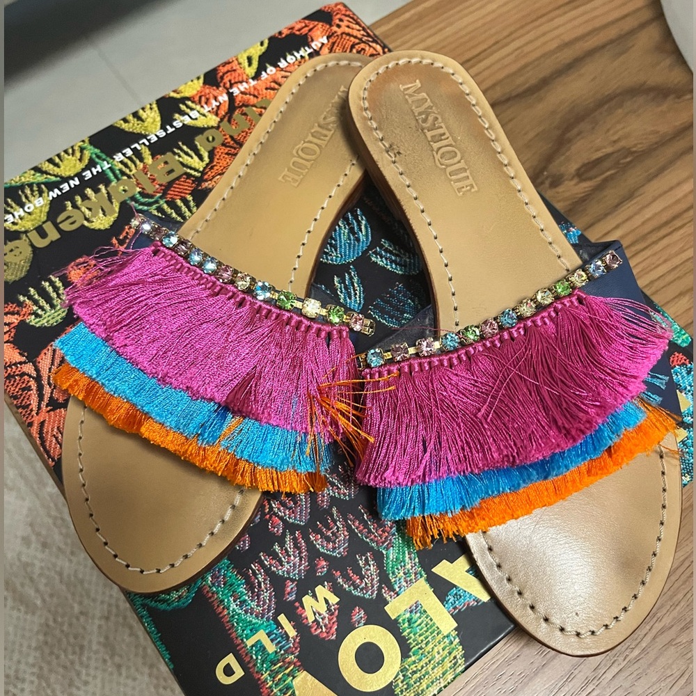 Mystique leather sandals, fringes and crystals, Sz 8